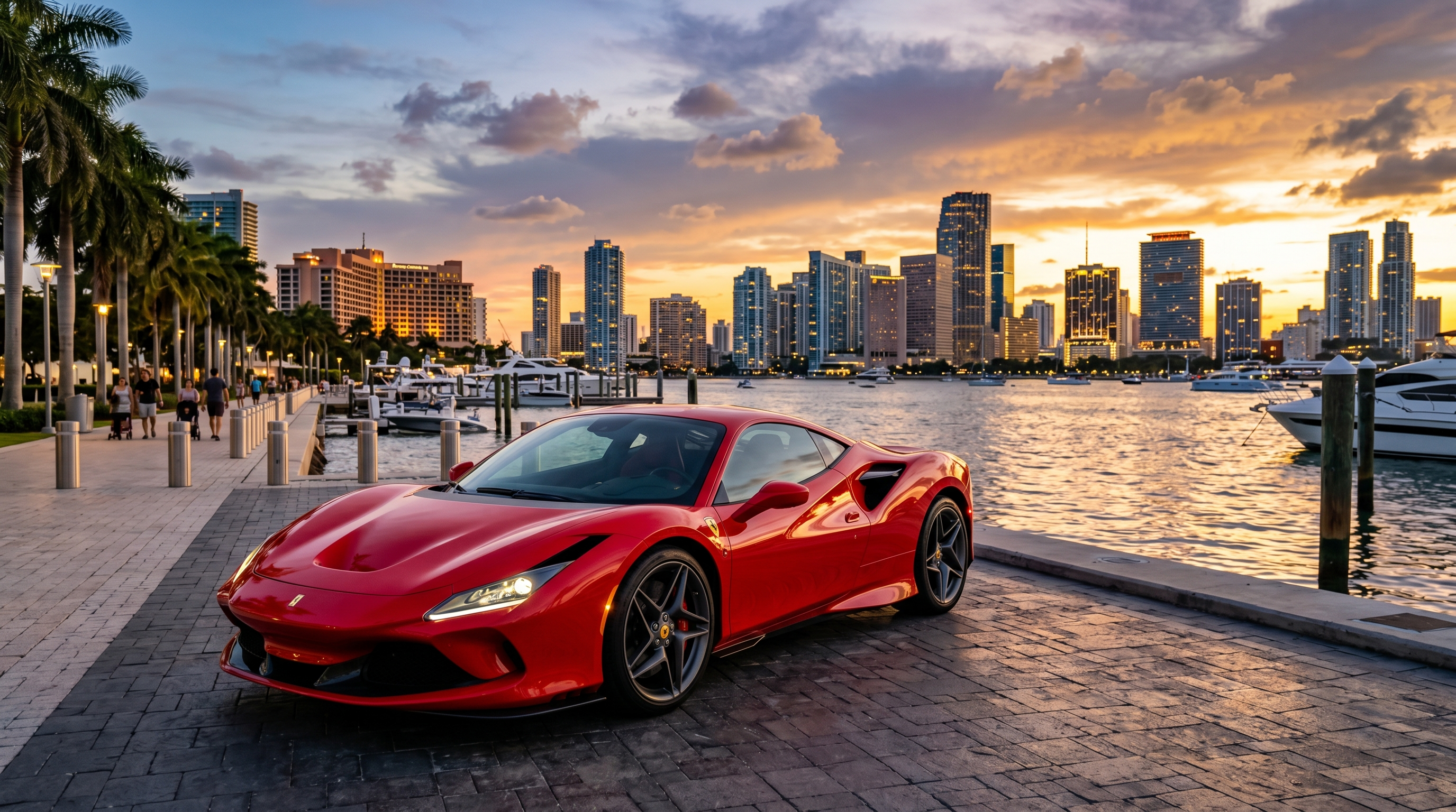 Ferrari F8 Tributo red parked on Miami Beach waterfront at golden hour, full-width dramatic angle