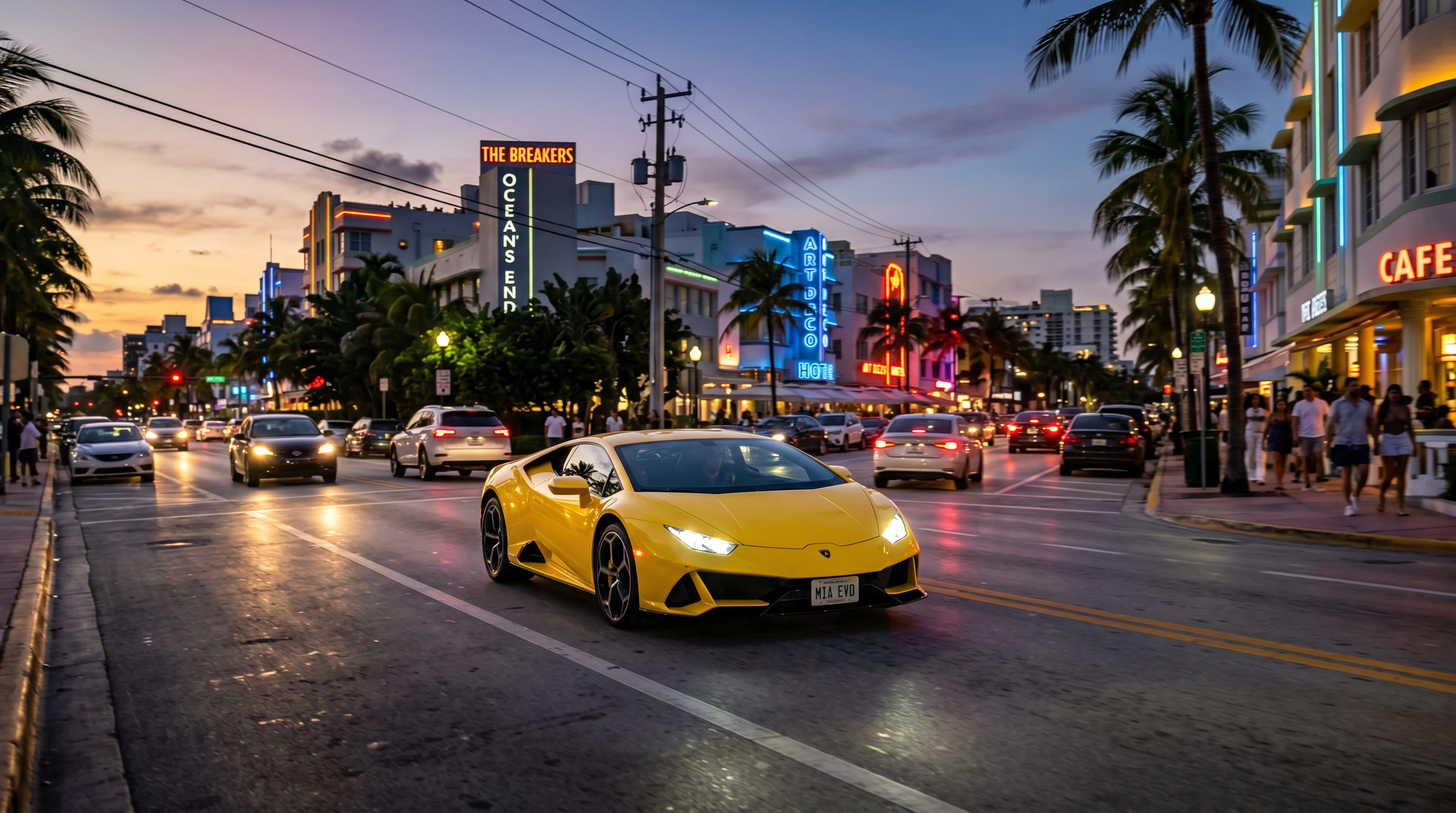 Lamborghini Huracan EVO yellow driving down Collins Avenue Miami Beach at dusk