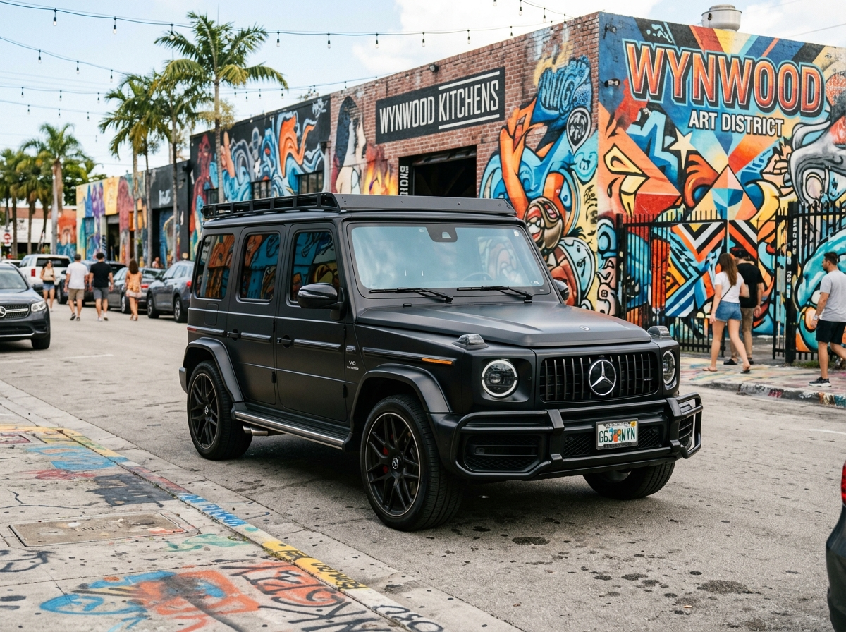 2024 Mercedes-Benz G63 AMG matte black parked in Wynwood Miami street art district