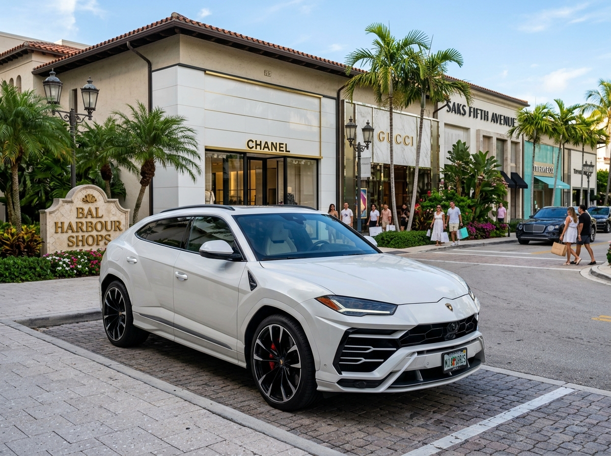 2025 Lamborghini Urus SE pearl white luxury SUV parked at Bal Harbour Shops Miami