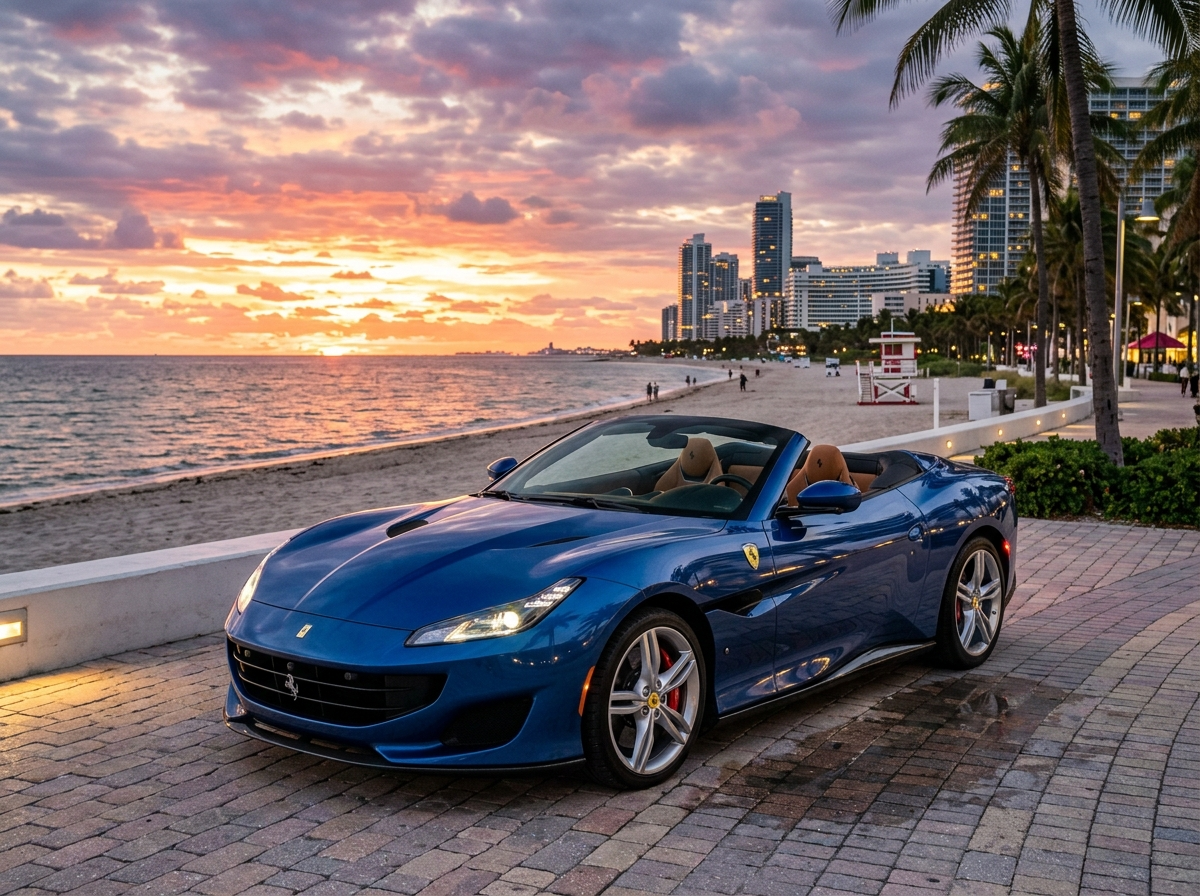 2023 Ferrari Portofino M convertible blue parked at sunset on Miami Beach waterfront