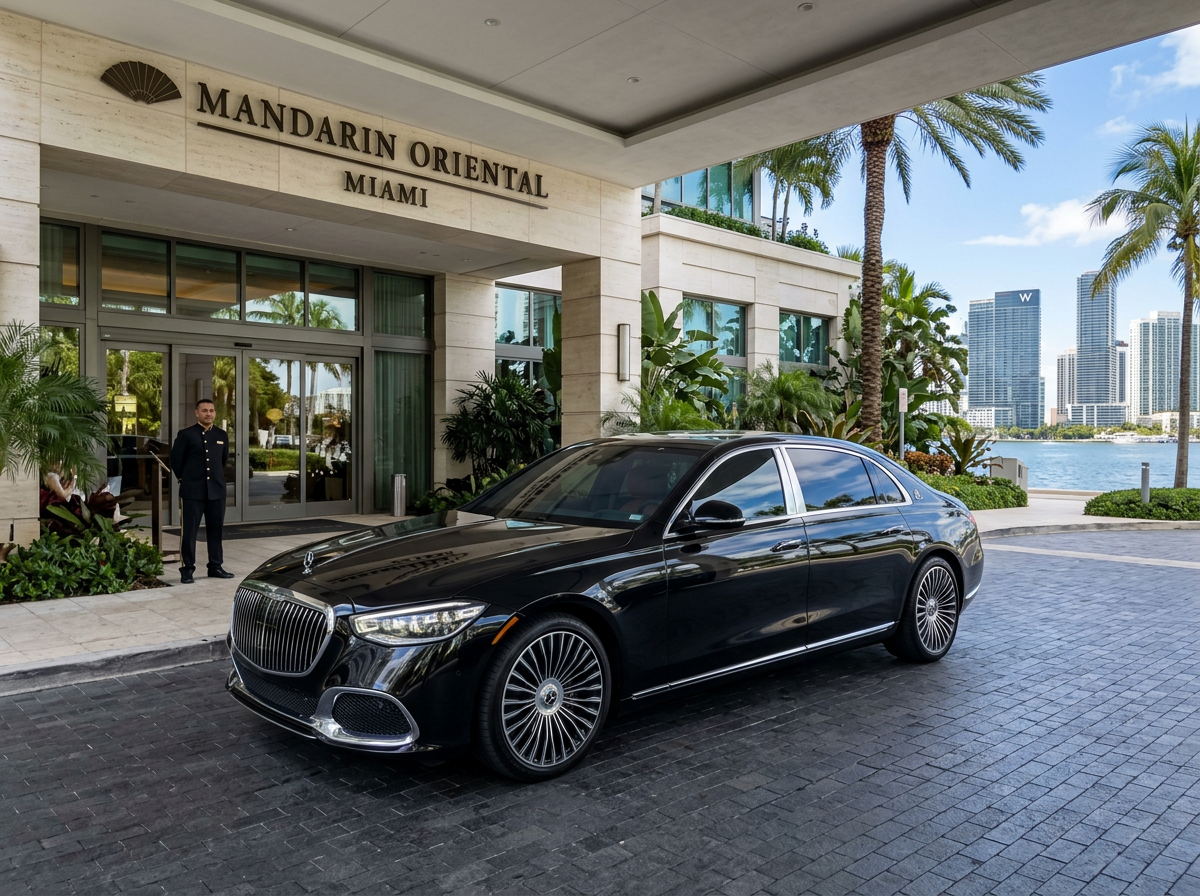 2024 Mercedes-Benz Maybach S680 black ultra-luxury sedan parked at Mandarin Oriental Miami