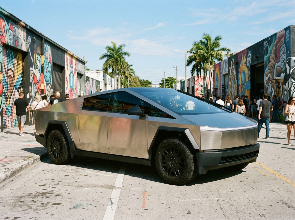 2024 Tesla Cybertruck AWD stainless steel electric truck parked in Wynwood Arts District Miami